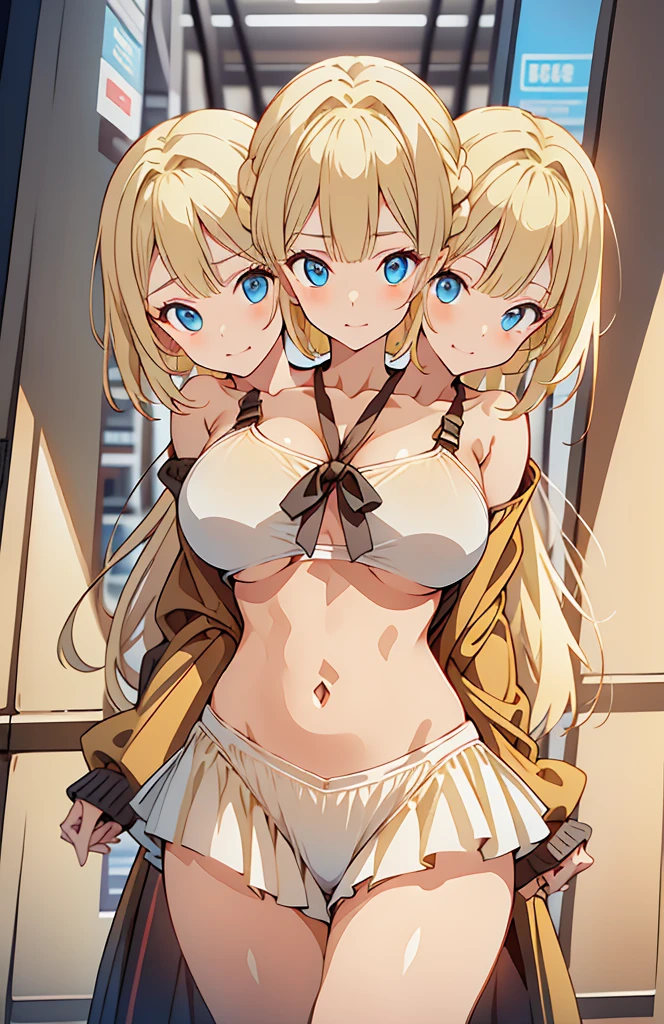 (masterpiece),(ultra-detailed), (high quality), (high resolution), (best quality:1.5, highres, UHD), highres, absurdo, ultra detail, ultra quality, Ultra resolution, 16k, 1girl, (2heads:1.5), girl with two heads, ((blonde hair:1.5)), seductive grin, casual dress, sexy proportions, (exposed midriff), thighs, Beautiful girl with accentuated slender abs, ((seductive posture)), ((white bikini)), ((different hairstyles)), different haircuts, (long hair), ice blue eyes, exposed midriff