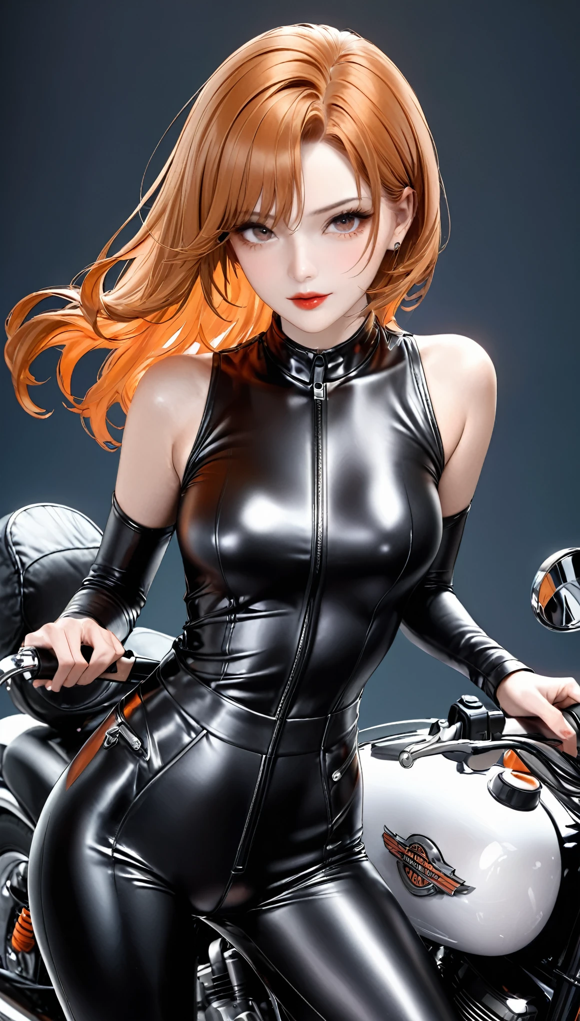 best quality, super fine, 16k, incredibly absurdres, extremely detailed, delicate and dynamic, cool and beautiful pretty woman, orange hair, crimson lips, captivating look, aroused expression, superlative body proportion, wearing fitted motorcycle shiny seamless black leather jumpsuit, beautiful pose, Harley Davidson