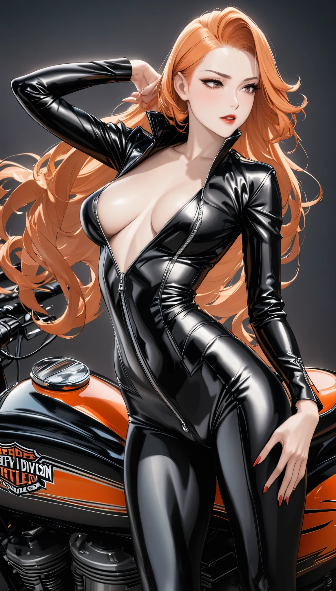 best quality, super fine, 16k, incredibly absurdres, extremely detailed, delicate and dynamic, cool and beautiful pretty woman, orange hair, crimson lips, captivating look, aroused expression, superlative body proportion, wearing fitted motorcycle shiny seamless black leather jumpsuit, beautiful pose, Harley Davidson
