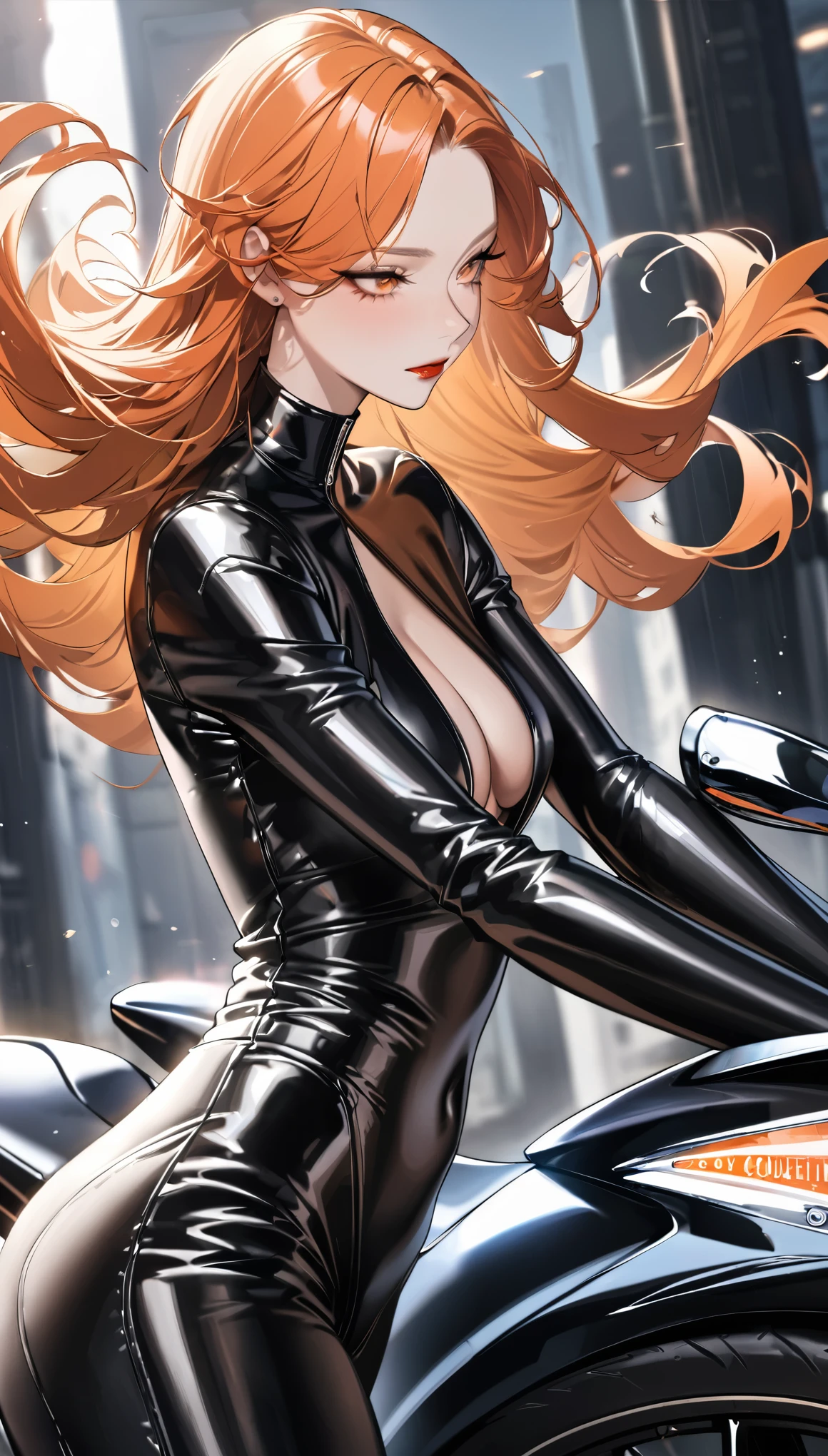 best quality, super fine, 16k, incredibly absurdres, extremely detailed, delicate and dynamic, cool and beautiful pretty woman, orange hair, crimson lips, captivating look, aroused expression, superlative body proportion, wearing fitted motorcycle shiny seamless black leather jumpsuit, beautiful pose, Harley Davidson