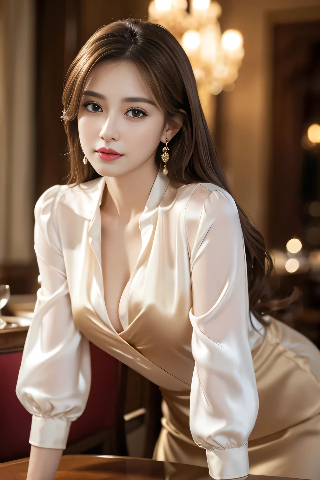 masterpiece, highest quality, Realistic, Very detailed, Finer details, High resolution, 8k wallpaper, One beautiful woman, Wear an elegant silk blouse, In a great restaurant, At night, Light brown messy hair, Perfect dynamic composition, Beautiful and beautiful eyes、Big earrings、