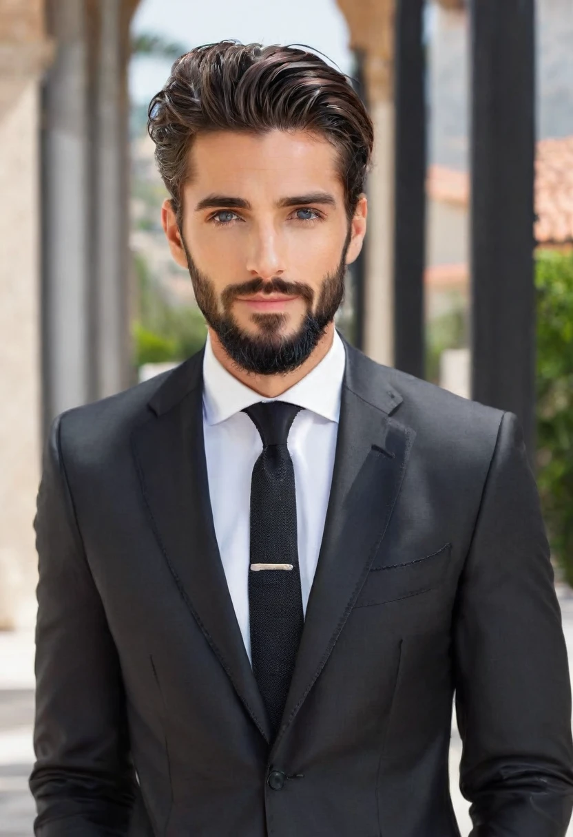 Male... gray eyes... fit... tall... handsome... Mediterranean... stubble beard... medium large hair... black suit