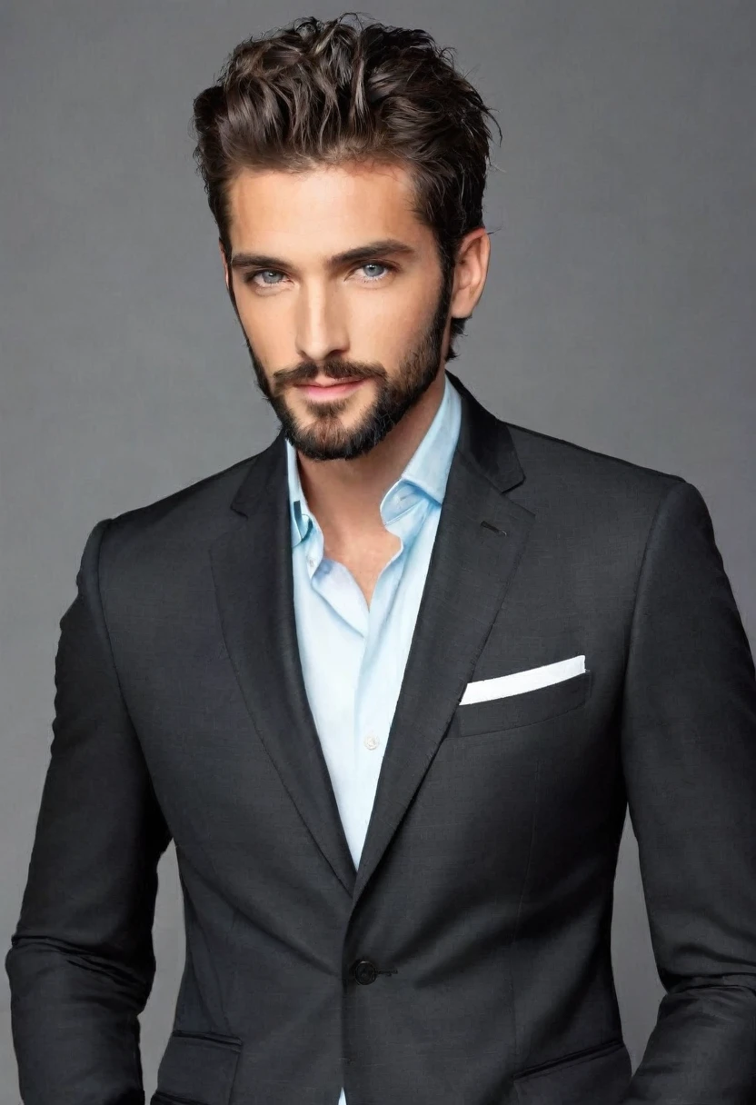 Male... gray eyes...  fit... tall... handsome... Mediterranean... stubble beard... medium large hair... black suit