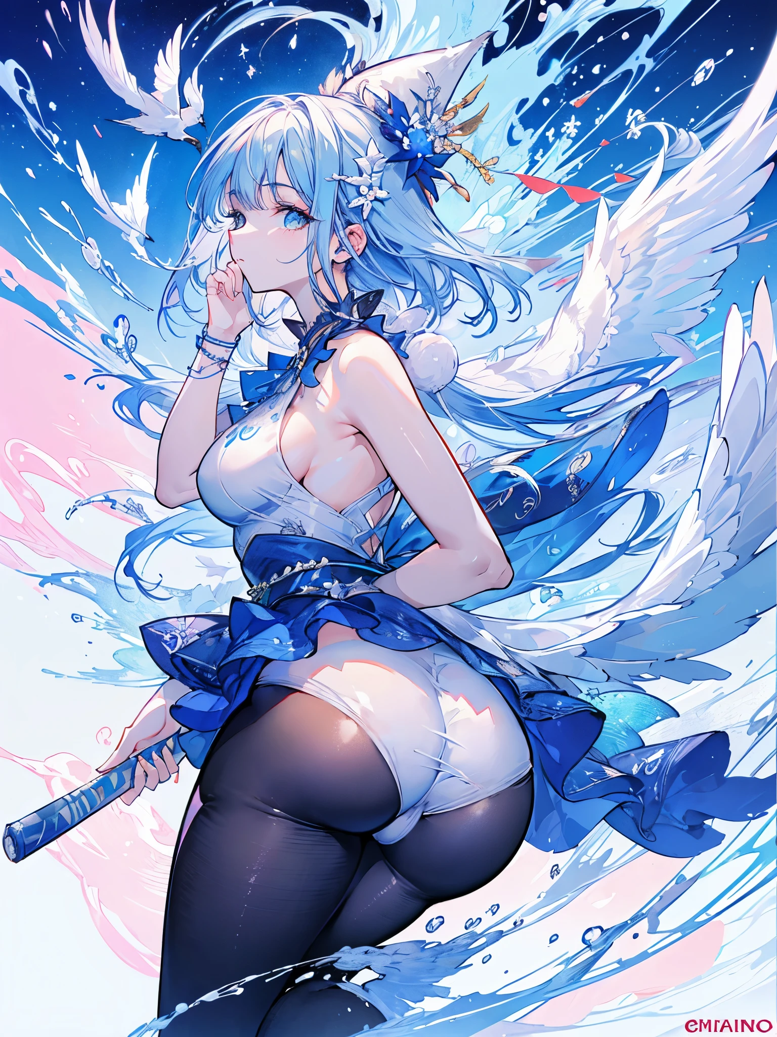 Uekura, 1 garota, cabelo loiro, fundo branco, tem, vestir, blue shoes, asas, fundo simples, assinatura, flor, esmalte, Mangas largas, mangas compridas, corar, animal, white flor, Sozinho, corpo todo, bird, olhando para o espectador, salto alto, hand on own cheek, hand on own face, babados, arco, franja, fita, Sino, blue hat, +_+, meias, cabelo curto, olhos cinzentos, sapato, unhas azuis, feathered asas, blue arco, (((corpo inteiro, thick big ass, tenis branco cano alto)))