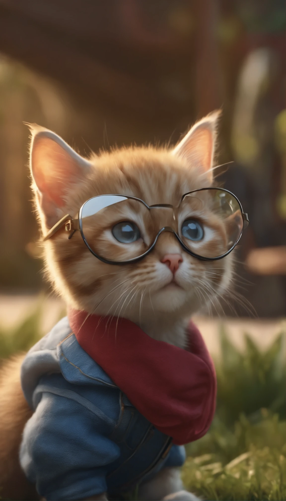 (best quality,4k,8k,highres,masterpiece:1.2),ultra-detailed,(realistic,photorealistic,photo-realistic:1.37),small cute kitty wearing thick lens glasses,small pop art,cartoon,farm background