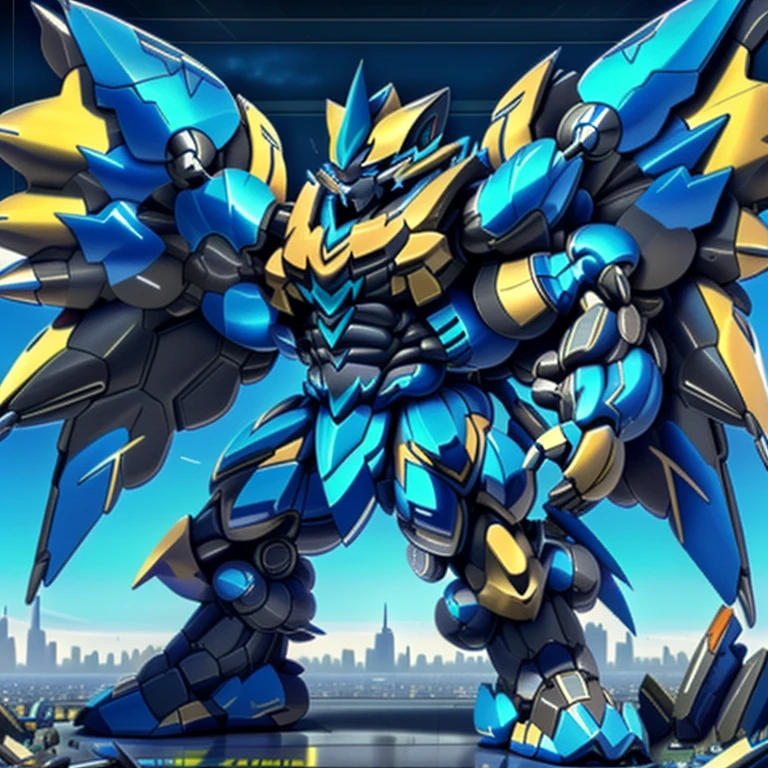 (dominating zeraora. Zeraora is over 1000 meters long. giant mechanical Muscular Zeraora is trampling the city. Looking down. macro. stomp)
(smoke and flames rising from the destruction in the city)
Additional details 1: (masterpiece. official art. 8k. best quality) (high-tech bio-mecha armor. real texture material. whole body shines like metal. Wearing cyberpunk mecha. emphasizes the muscles. suit fully made of metal. intricate armor. Robotic suit. suit fully made of metal. cyborg. Powered exoskeleton with the same design as Zeraora).
Additional details 2: (gigantic muscles. HYPER MUSCLES. Gigachad Muscular. big muscle. pecs. triceps. traps. unusually developed muscular body. body full of huge muscles. showing off muscles. pectorales enormes. Exaggeratedly huge muscles.).
Additional details 3: (Spread wings. It has wings. have big wings. golden wings).
Additional details 4: (giant zeraora. Zeraora's giant robot. ). gundam.