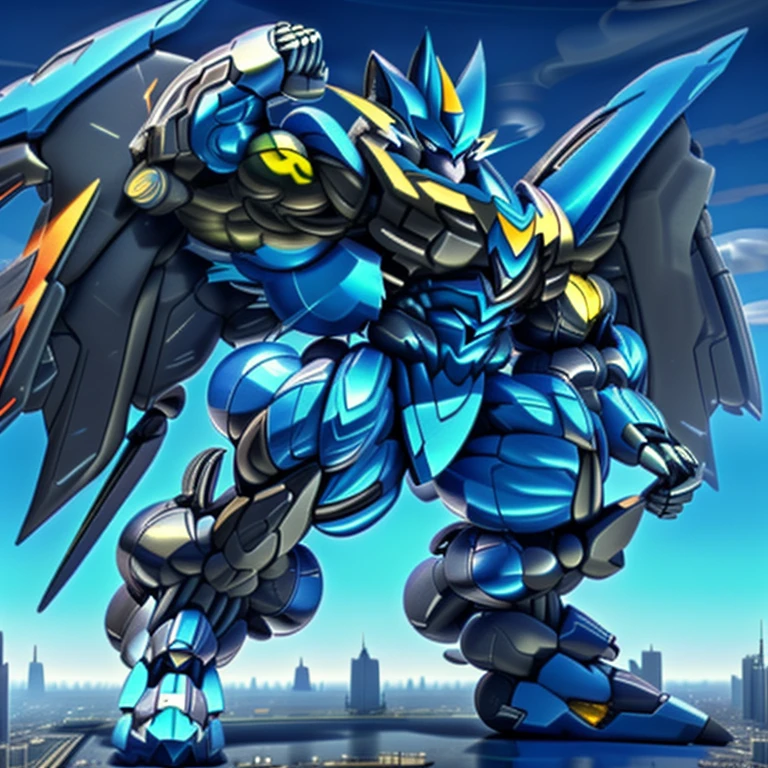 (dominating zeraora. Zeraora is over 1000 meters long. giant mechanical Muscular Zeraora is trampling the city. Looking down. macro. stomp)
(smoke and flames rising from the destruction in the city)
Additional details 1: (masterpiece. official art. 8k. best quality) (high-tech bio-mecha armor. real texture material. whole body shines like metal. Wearing cyberpunk mecha. emphasizes the muscles. suit fully made of metal. intricate armor. Robotic suit. suit fully made of metal. cyborg. Powered exoskeleton with the same design as Zeraora).
Additional details 2: (gigantic muscles. HYPER MUSCLES. Gigachad Muscular. big muscle. pecs. triceps. traps. unusually developed muscular body. body full of huge muscles. showing off muscles. pectorales enormes. Exaggeratedly huge muscles.).
Additional details 3: (Spread wings. It has wings. have big wings. golden wings).
Additional details 4: (giant zeraora. Zeraora's giant robot. ). gundam.