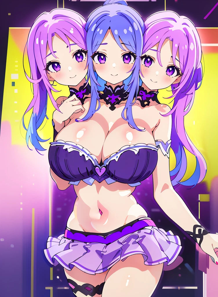 best quality, (masterpiece),(ultra-detailed), (high quality), (high resolution), (3heads:1.5) 1girl, (blue hair), (pink hair), (violet hair), violet eyes, hair ornaments, adult girl, purple top (((purple outfit))), crop top, pink skirt, gentle smile,, high ponytail, belly button, very big tits, huge tits, open breasts,
