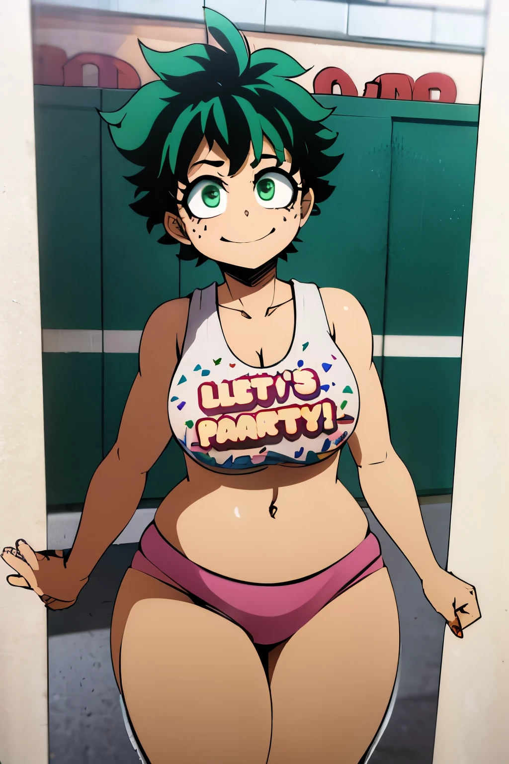 izuku midoriya, midoriya izuku, short hair, (green eyes:1.3), male focus, green hair, messy hair, freckles, Sexy, Big breasts, cute smile, Toy Chica costume, {(white bib), ("Let's Party" printed on bib), (cleavage), (navel), (pink panties), , massive chest, massive thighs, gigantic breasts, huge breasts ,large breasts