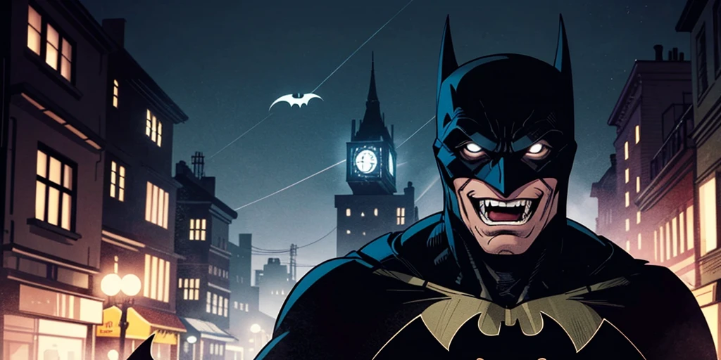 batman, closup face, dark shadowy figure, creepy laugh, scary, gotham city alley background, night time