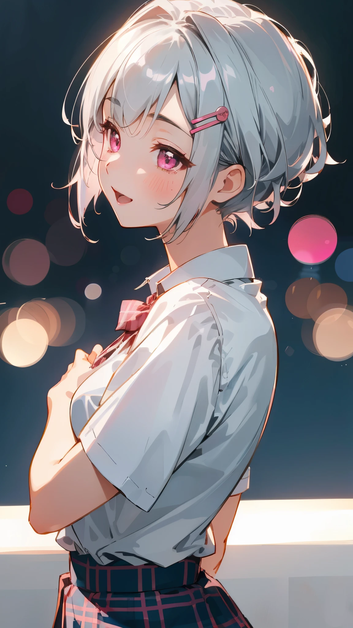 1 girl、8k、Sharp focus、(Bokeh) (highest quality) (Detailed skin:1.3) (Intricate details) (anime)、Silver short hair and bob hair、Tie your hair up with a hair clip、Pink Eyes、white blouse shirt、Tartan Check Skirt、profile、Upper body close-up、smile、Please open your mouth wide、After school classes