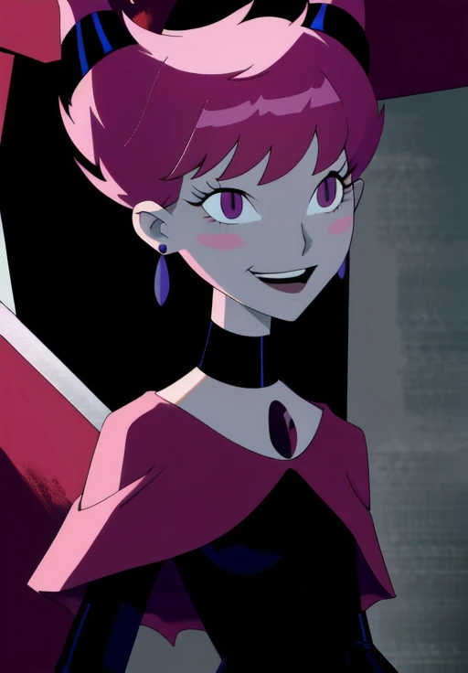 Jinx, smile, pink eyes, earrings, cape, (masterpiece, best quality, absurdres, detailed, ultra-detailed:1.3), (trending on CGSociety, trending on pixiv, contest winner:1.3)