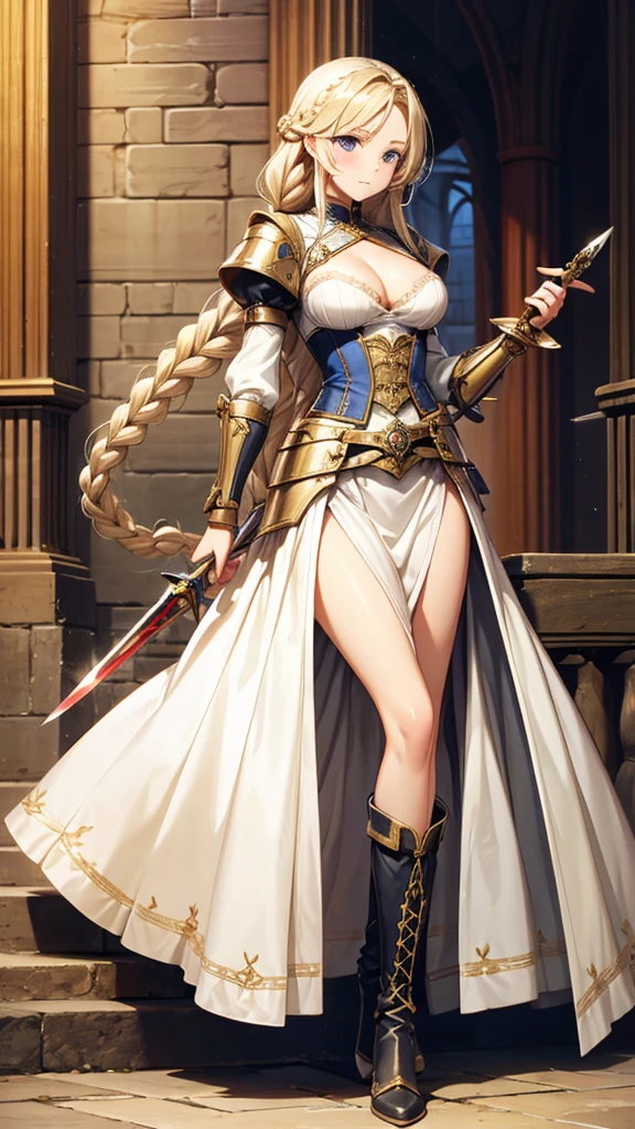 Long blond hair, Double braid, woman，dress, long skirt, cleavage，Hand guard，Bare Legs，boots，Standing，Great Sword，Medieval European castles