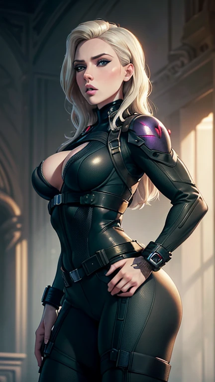 (masterpiece, top quality, best quality, official art, beautiful and aesthetic:1.2),(Scarlett Johansson),(Platinum Blonde Hair),(Detailed Ass),(Detailed eyes),(Green Eyes),(Detailed Nose),(Detailed Lips),(Detailed Thighs),(Goth Makeup),(Green Tactical Vest),(Detailed widow bite glovelettes),Engaged in strategic planning, Black Widow sits with poise and focus, her tight suit showcasing her athletic physique, including the firmness of her buttocks. With a sharp mind and keen intuition, she formulates plans with precision and efficiency.