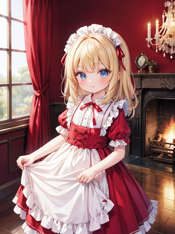 masterpiece, highest quality, Very detailed, 8k, Ultra-high resolution, Cowboy Shot, One 10-year-old girl, Detailed face、Perfect Fingers, blue eyes, Blonde, Long Hair, Braid, Red ribbon on head, Red dress, White apron, Luxurious Western-style building, fireplace, chandelier, Children's room, clock, Music Box