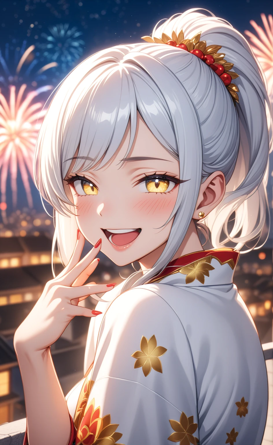 ((one personの女性)), Beautiful Face,Laughing embarrassedly,Laughing with your mouth open,((Wink:2.0)),(Bright red cheeks),Glossy pink lips,night,rooftop,firework,((Anime style background)),masterpiece, highest quality, so beautiful, Latest, Complex details, (Pink long nails),(ring),AI-generated, Complex,High resolution, highest quality, super high quality,3D Images、View your viewers、3D Images,one person,Long white hair,High Ponytail,blue eyes,Anime woman posing for a photo, ((Fine grain、Colorful eyes in light blue and yellow、Shining Eyes:1.4)),(Squint your eyes:1.1),a hyperRealistic , hyperRealistic , Realistic,Anime woman with long and white hair, Smooth anime CG art, A woman in a colorful kimono with gold embroidery, (White kimono),Red floral pattern,Long flower hair ornament,Big earrings,Mature Body,(Big Breasts:1.2),Tall,Big Ass,Fine details,Narrow waist,Abdominal muscles,(Face close-up:1.2),(A woman clasping their hands in front of their mouth with a delighted expression),