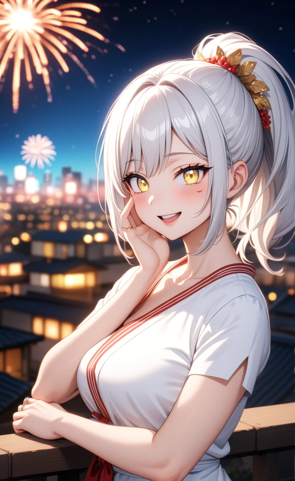 ((one personの女性)), Beautiful Face,Laughing embarrassedly,Laughing with your mouth open,((Wink:2.0)),(Bright red cheeks),Glossy pink lips,night,rooftop,firework,((Anime style background)),masterpiece, highest quality, so beautiful, Latest, Complex details, (Pink long nails),(ring),AI-generated, Complex,High resolution, highest quality, super high quality,3D Images、View your viewers、3D Images,one person,Long white hair,High Ponytail,blue eyes,Anime woman posing for a photo, ((Fine grain、Colorful eyes、Shining Eyes:1.3)),(Squint your eyes:1.1),a hyperRealistic , hyperRealistic , Realistic,Anime woman with long and white hair, Smooth anime CG art, A woman in a gorgeous kimono embroidered with gold, (White kimono),Red floral pattern,Long flower hair ornament,Big earrings,Mature Body,(Big Breasts:1.2),Tall,Big Ass,Fine details,Narrow waist,Abdominal muscles,(Face close-up:1.2),(A woman clasping their hands in front of their mouth with a delighted expression),