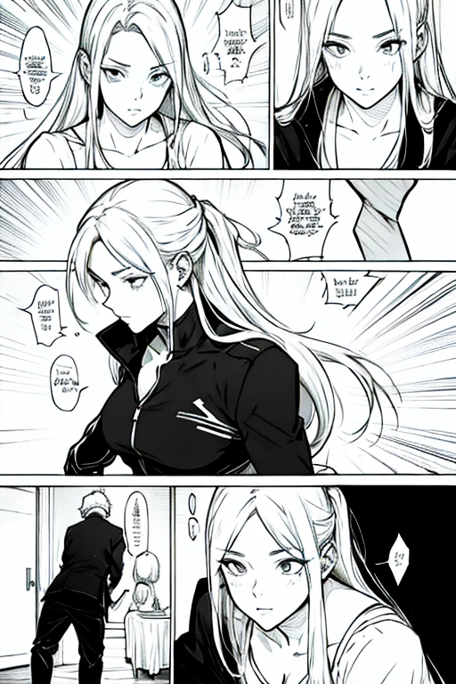 Girl with long white hair having sex with a blonde guy, erotic sex scenes, manga page with panels and dialogue 