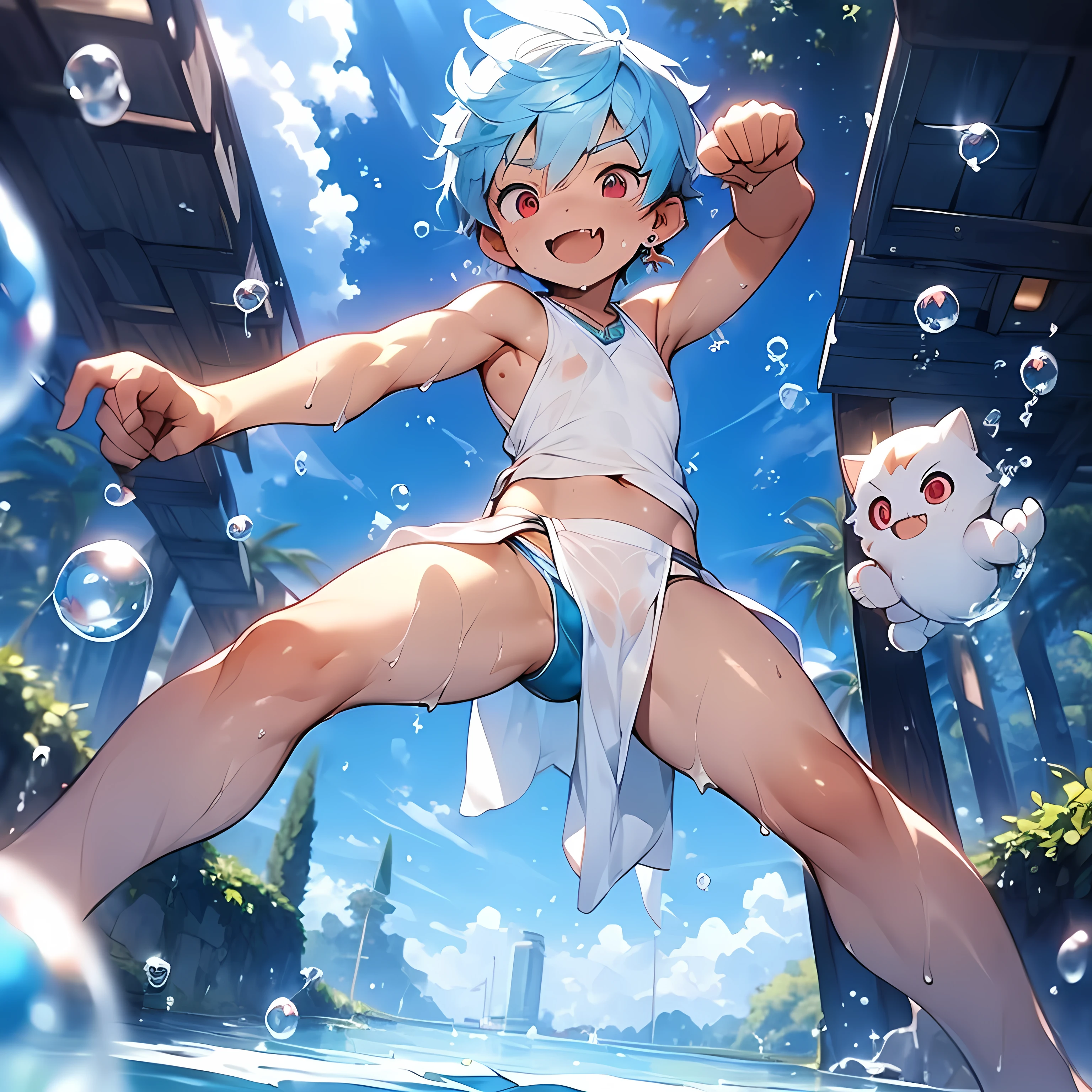 (boldline:-1.6), (dynamic pose:1.8), (arched back:1.3), (paw pose:1.2), (bubbles:1.3), (spread legs:1.3), (standing:1.5), (((fang))), (((best finger))), BREAK (best quality:1.5), (absolutely resolution:1.5), (ultra detailed:1.5), (masterpiece:1.5), (perfect face:1.5), (detailed face:1.3), (detailed eyes:1.5), (best eyes:1.5), (cute face), (shota:1.7), BREAK (white tank top:1.3), BREAK (white loincloth:1.5), (((see throgh wet clothes))), (bulge:1.6), (skinny:1.3), (spiked hair), BREAK (light blue hair:1.5), (wine red eyes:1.4), ((eyes with highlight)), ((mole under eye)), (sweaty skin), (chuckling:1.5), (open mouth), (blush:1.2), ((earrings)), (shiny skin:1.3), BREAK (nature), (river), (forest), (sunlight), ((wind blowing)), ((nipple)), abs, groin, water splashing, from below,