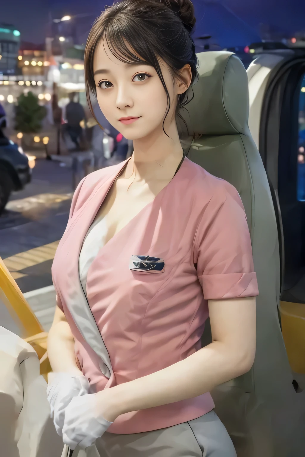 (masterpiece:1.2, highest quality:1.2), 32K HDR, High resolution, (alone、1 girl)、（On the rooftop of a building in the daytime、Professional Lighting）、Building rooftop background、（Nankai train crew uniform pinkを着たリアルスタイル）、（Nankai train crew uniform pink short sleeve pink jacket、Nankai Train Crew Uniform Pink Collarless Short Sleeve Blouse、Nankai Train Crew Uniform Pink Grey Knee-length Culottes）、Dark brown hair、（Hair tied up、Hair Bun、Hair Bun）、Dark brown hair、Long Shot、Big Breasts、Thin legs、（（Great hands：2.0）），（（Harmonious body proportions：1.5）），（（Normal limbs：2.0）），（（Normal finger：2.0）），（（Delicate eyes：2.0）），（（Normal eyes：2.0））)、smile、（Nankai Train Crew Uniform Pink Grey Knee-length Culottesを見せた美しい歩く姿）、Place your hands around your stomach、