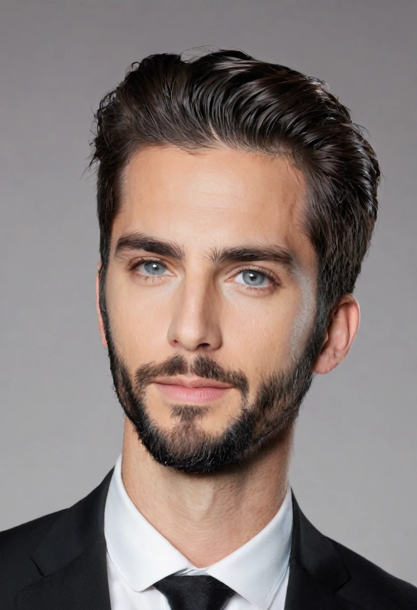 Male... gray eyes... fit... tall... handsome... Mediterranean... scarce stubble beard... medium large hair... black suit