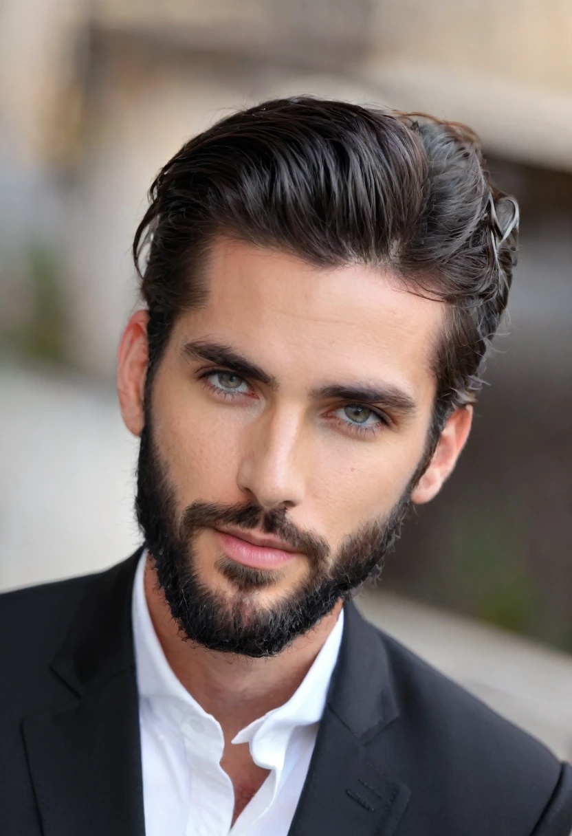 Male... gray eyes... fit... tall... handsome... Mediterranean... scarce stubble beard... medium large hair... black suit