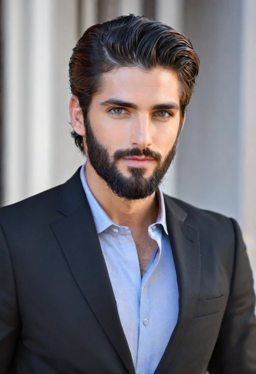 Male... gray eyes...  fit... tall... handsome... Mediterranean... scarce stubble beard... medium large hair... black suit