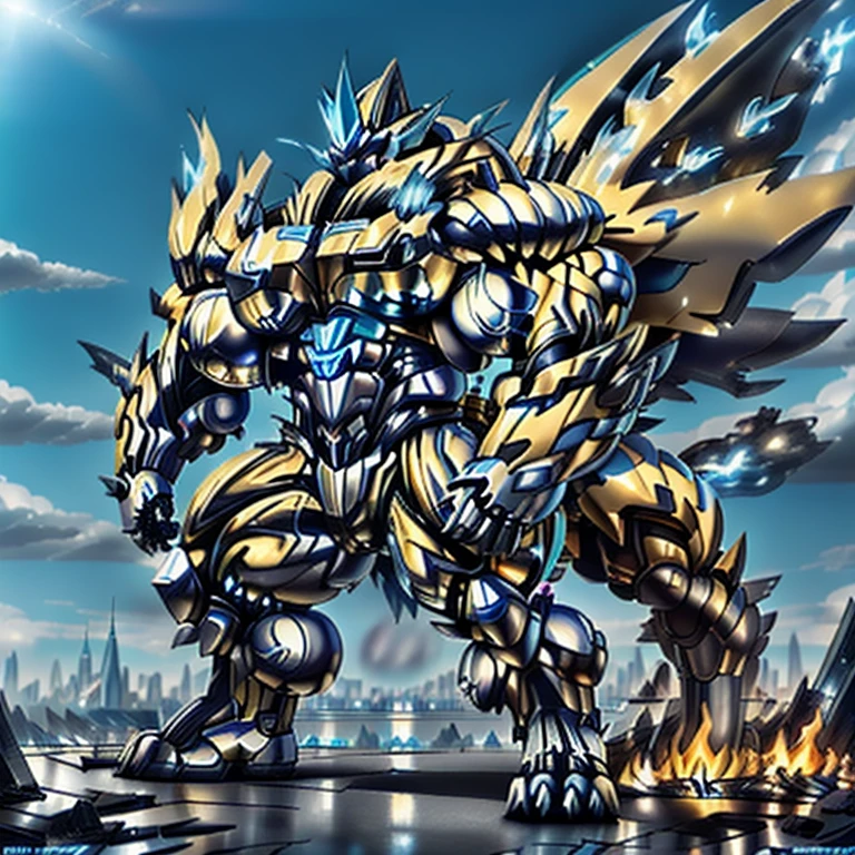 (dominating zeraora. Zeraora is over 1000 meters long. giant mechanical Muscular Zeraora is trampling the city. Looking down. macro. stomp) 
(smoke and flames rising from the destruction in the city)

Additional details 1: (masterpiece. official art. 8k. best quality) (high-tech bio-mecha armor. real texture material. whole body shines like metal. Wearing cyberpunk mecha. emphasizes the muscles. suit fully made of metal. intricate armor. Robotic suit. suit fully made of metal. cyborg. Powered exoskeleton with the same design as Zeraora). 

Additional details 2: (gigantic muscles. HYPER MUSCLES. Gigachad Muscular. big muscle. pecs. triceps. traps. unusually developed muscular body. body full of huge muscles. showing off muscles. pectorales enormes. Exaggeratedly huge muscles.). 

Additional details 3: (Spread wings. It has wings. have big wings. golden wings). 

Additional details 4: (giant zeraora. Zeraora's giant robot. ). gundam.