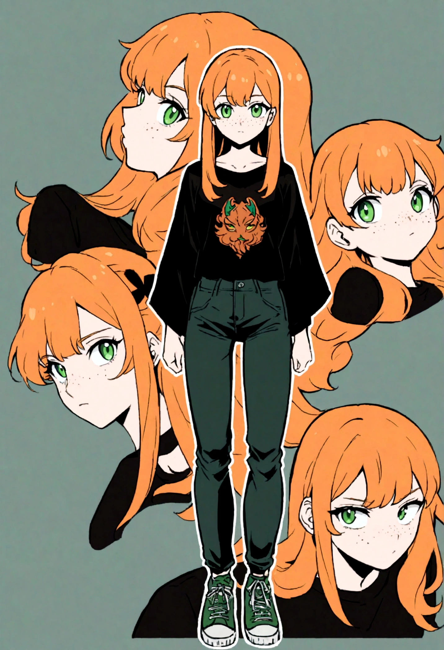17 year old woman, very beautiful, character design, high quality, orange hair, freckles on the face, green eye color, beautiful eyes, beautiful face, full body, straight look, black t-shirt, dark jean green, t-shirt under pants, dark green sneakers, fine orange hair, long hair, black t-shirt, green eyes, single person, anime style, manga style, single character
