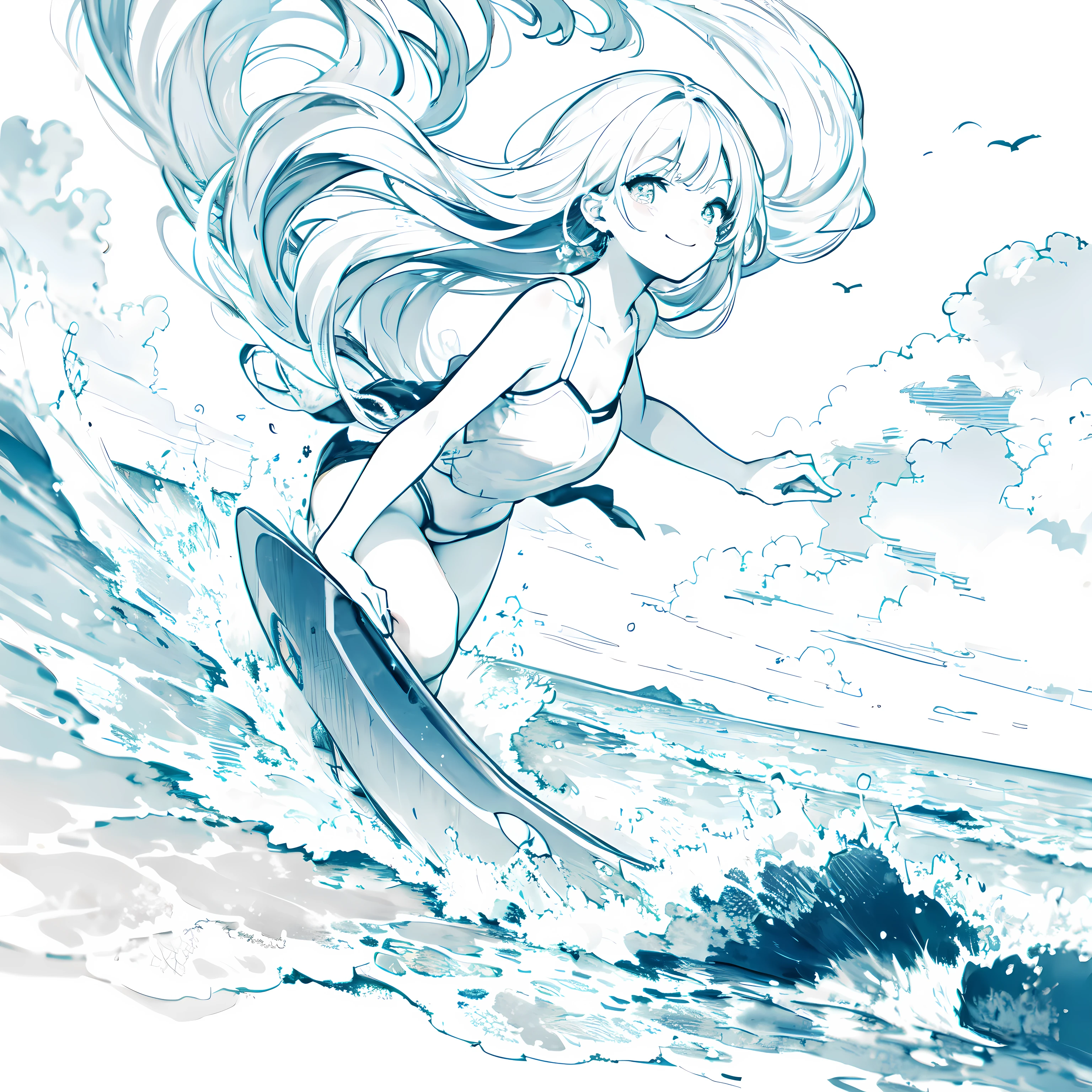 Line art background, background, Monochrome, Line art, ((sketch)),Highest , 2. Colorinochrome、 quality,masterpiece,monochrome,Lineart,single color,Create a detailed coloring page,(masterpiece)、(highest quality)、One Girl、smile、Enjoying surfing、surfboard、Wetsuits