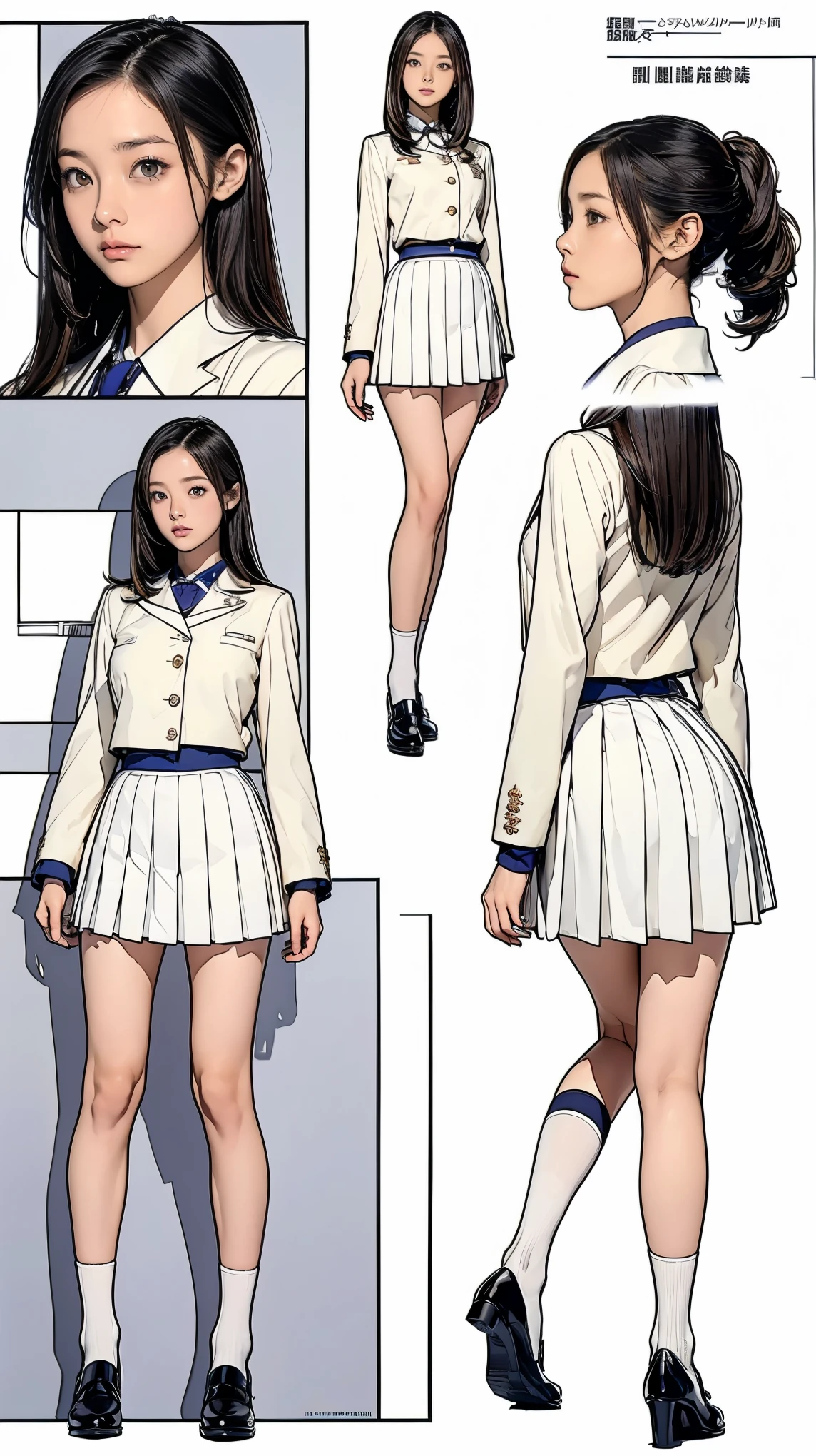 ((masterpiece)),(((highest quality))),((Reference Sheet, Character Design, front, return, ~ ~ side, Mr..々Hairstyle, Mr..々Performance, Facial Expressions)), 14-year-old girl, Cute type, (Very slim:1.4), (Very small ass:1.4), Realistic buttocks, Big Breasts, Short Bob, Thin thighs, Long legs, It's not a big deal, ((白uniform, white pleated skirt, uniform, Medals, magnificent uniform)), ((Browsing Caution:1.0))