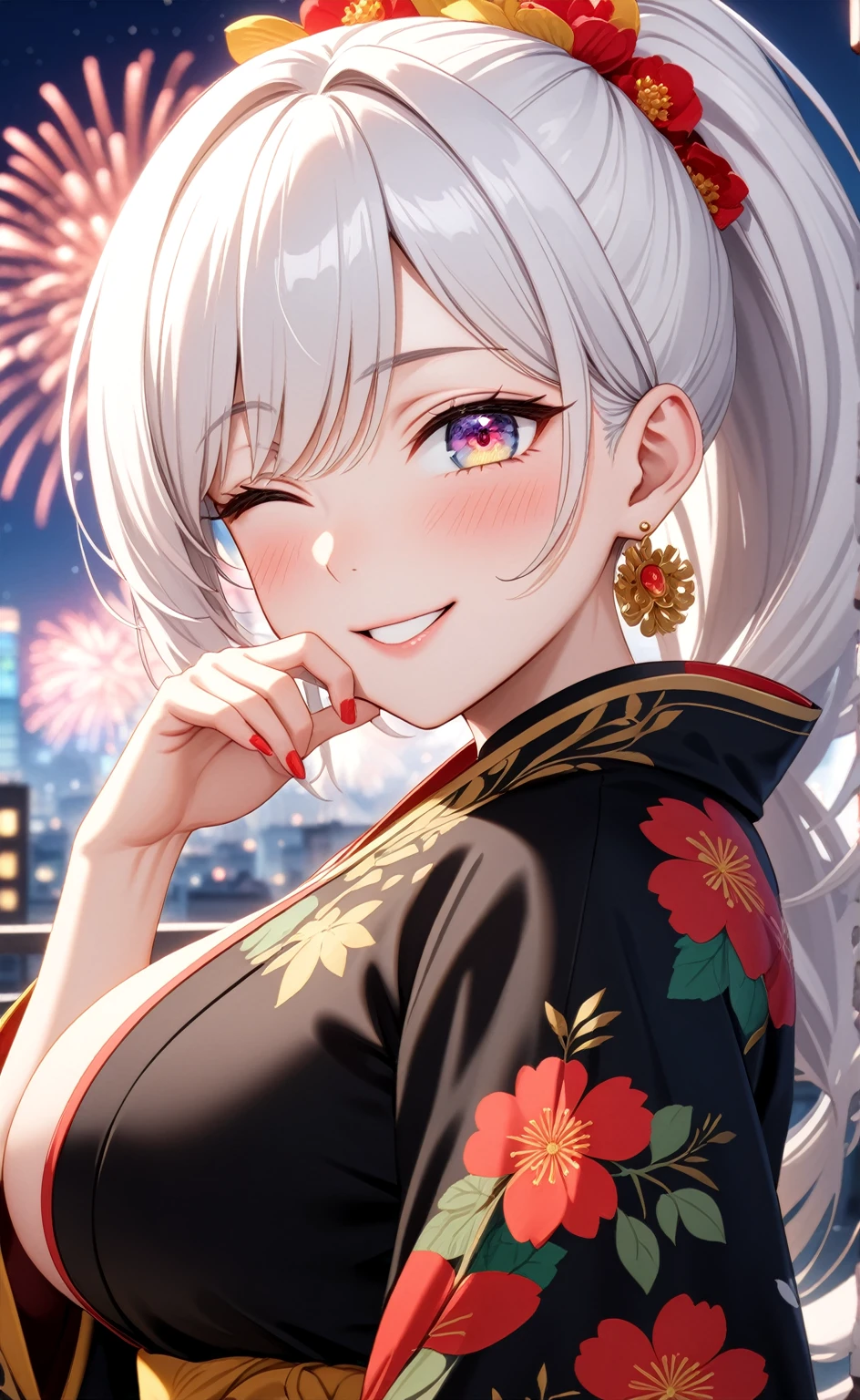 ((one personの女性)), Beautiful Face,Laughing embarrassedly,((Wink:2.0)),Laughing with your mouth open,((Bright red cheeks:1.3)),Glossy pink lips,night,rooftop,firework,((Anime style background)),masterpiece, highest quality, so beautiful, Latest, Complex details, (Pink long nails),(ring),AI-generated, Complex,High resolution, highest quality, super high quality,3D Images、View your viewers、3D Images,one person,Long white hair,High Ponytail,blue eyes,Anime woman posing for a photo, ((Fine grain、Platinum-colored colorful eyes、Shining Eyes:1.4)),(Squint your eyes:1.1),a hyperRealistic , hyperRealistic , Realistic,Anime woman with long and white hair, Smooth anime CG art, A woman in a colorful kimono with gold embroidery, (Black kimono),Red floral pattern,Long flower hair ornament,Big earrings,Mature Body,(Big Breasts:1.1),Tall,Big Ass,Fine details,Narrow waist,Abdominal muscles,(Face close-up:1.5),(Hide your mouth with both hands)