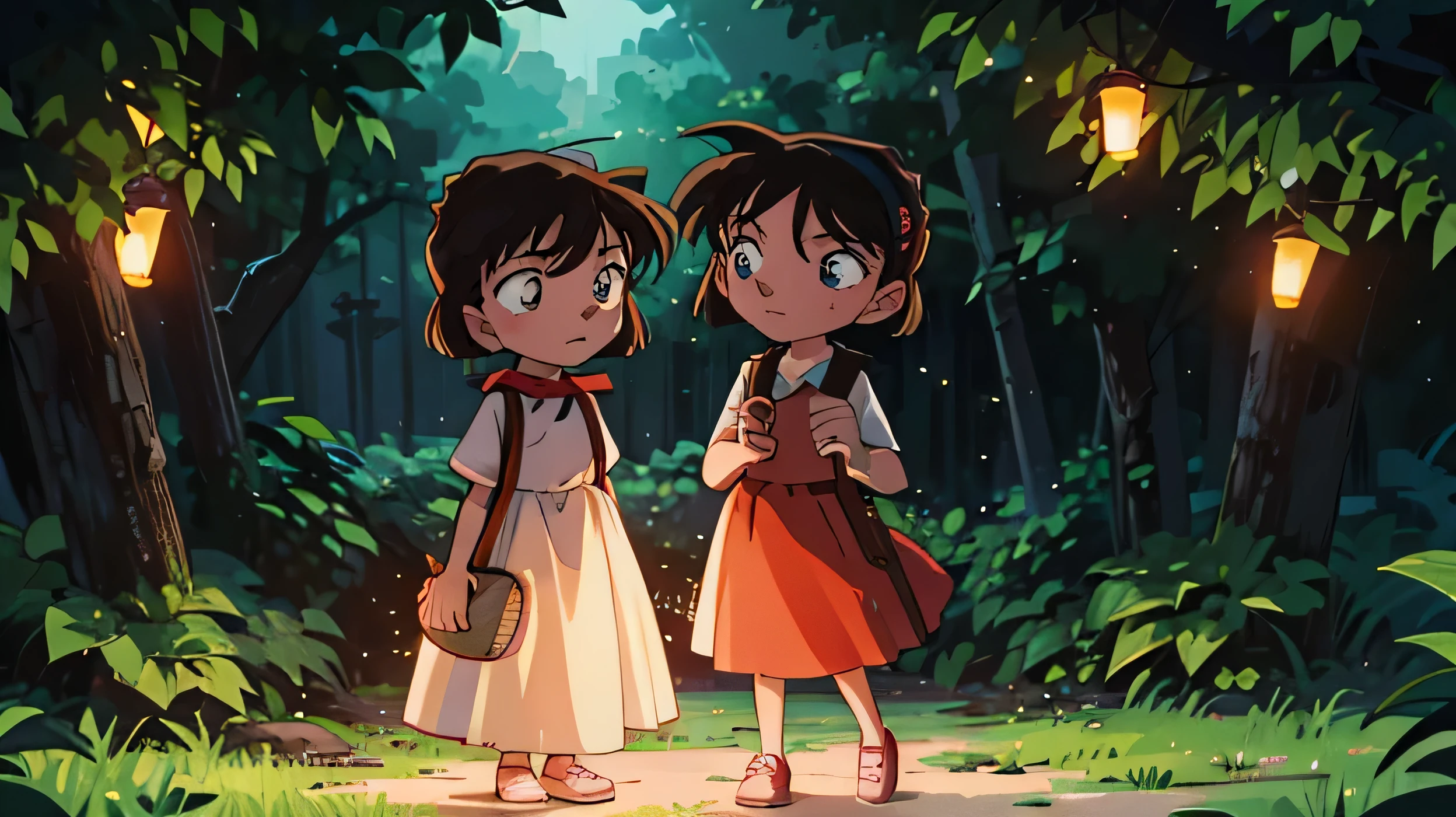 (highest quality:1.2, Realistic, Vibrant colors), Moderate:shape, Two girls chasing fireflies on a summer night,  Girls Enchanted by the Light of Fireflies, White dress. Red Skirt