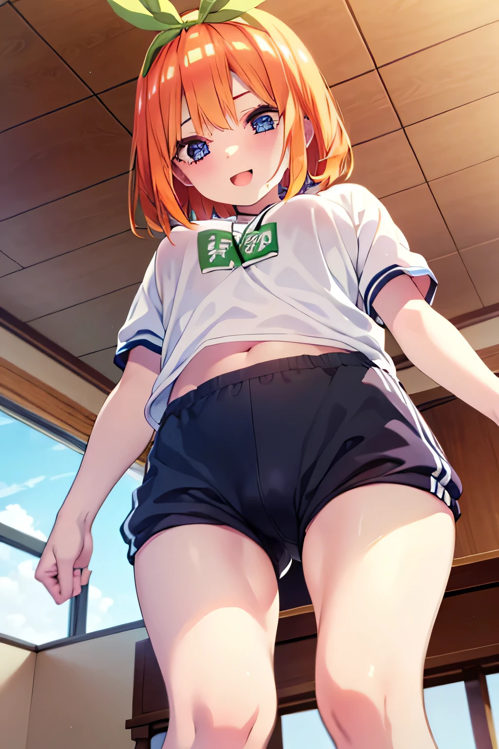 1girl , (yotsuha nakano, Yotsuha Nakano), (bangs, blue eyes, Orange Hair,Green ribbon on the head),happy smile, smile, Open your mouth,((nsfw,full,White gym uniform short sleeve, Navy Blue Bloomers Tight)),Real Summer,Daytime,sunny,My hair is blowing in the wind,whole bodyがイラストに入るように,Slender body,
break indoors, Breaking on a fluffy bed, looking at viewer, whole body,(Are standing,Angle from below,nsfw)
break (masterpiece:1.2), highest quality, High resolution, unity 8k wallpaper, (shape:0.8), (Beautiful details:1.6), Highly detailed face, Perfect lighting, Extremely detailed CG, (Perfect hands, Perfect Anatomy),