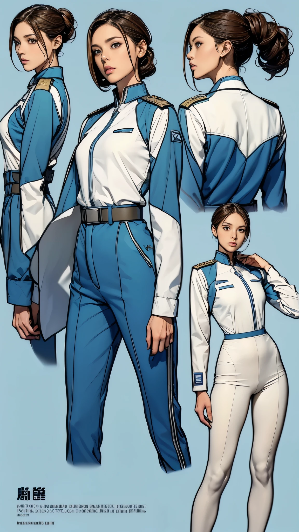 ((masterpiece)),(((highest quality))),((Reference Sheet, Character Design, front, return, ~ ~ side, Mr..々Hairstyle, Mr..々Performance, Facial Expressions)), -yeld gi Cute type, (Very slim:1.4), (Very small ass:1.4), Realistic buttocks, Medium milk, Short brown hair,Thin thighs, Long legs, It's not a big deal,(A female Earth Federation officer is walking), (Wearing Earth Federation military uniform, White and light blue military uniform),(Worn by federal government employees'White Hat:1.5)