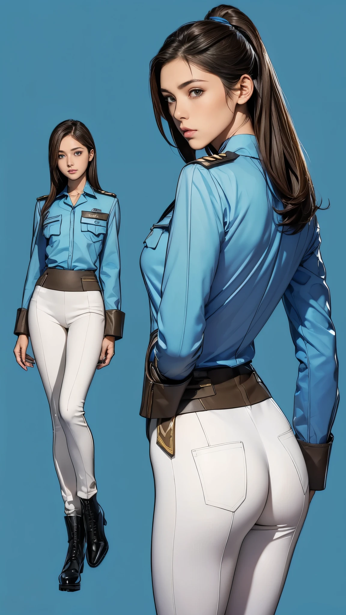 ((masterpiece)),(((highest quality))),((Reference Sheet, Character Design, front, return, ~ ~ side, Mr..々Hairstyle, Mr..々Performance, Facial Expressions)), 14-year-old girl, Cute type, (Very slim:1.4), (Very small ass:1.4), Realistic buttocks, Medium milk, Short brown hair，Thin thighs, Long legs, It's not a big deal,(A female Earth Federation officer is walking), (Wearing Earth Federation military uniform, White and light blue military uniform),(Worn by federal government employees&#39;White Hat:1.5)