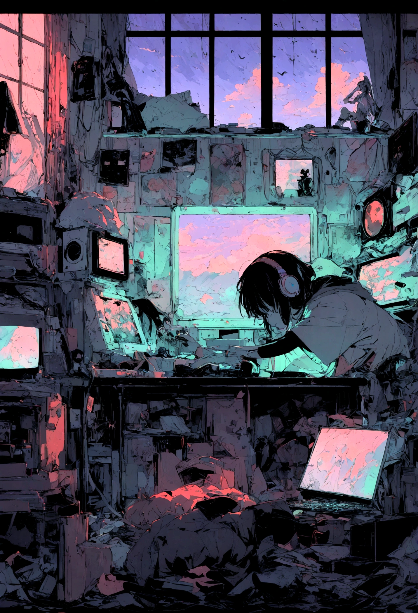  I am using my computer on the table in my room, Put on your headphones, There are several Windows 98 computers on the table.、창문을 통한 Night Light, Night Light, Neon scenery on a rainy day,Analog Color Theme, Lo-fi Hip Hop , Side view, Recall, flat, 2.5D ,Line art, Ink drawing, Large slope, Aquarella Fighting, Goose color, Studio Ghibli style, Amazing colors, outcome, Synthesizer Wave, Lofi Art,90s Style,Ancient Texture, amplitude,90&#39;Atmosphere of, Tabletop, Great skills, Ultra-high resolution, masterpiece, retina, Attention to detail, high quality, Super detailed, 16k, Awards, high quality, Attention to detail, Super detailed, Accurate