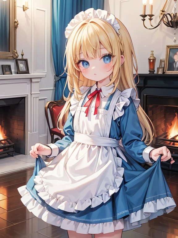 masterpiece, highest quality, Very detailed, 8k, Ultra-high resolution, Alice in Wonderland, Cowboy Shot, One 10-year-old girl, Detailed face、Perfect Fingers, blue eyes, Blonde, Long Hair, Braid, Red ribbon on head, Blue Dress, White apron, Luxurious Western-style building, fireplace, chandelier, Children's room, clock, Music Box