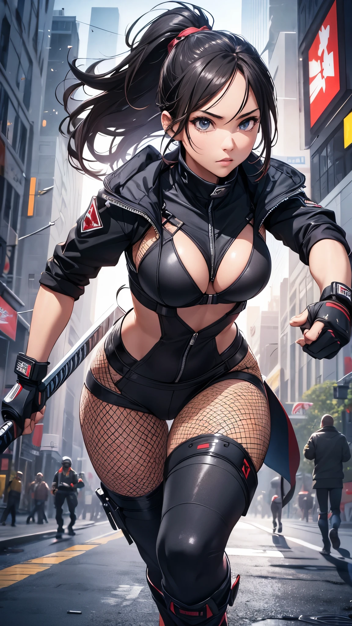 a woman with a brown ponytail hair, wearing a ninja jacket, bra top, leotard, spandex, fishnet pantyhose, and raced-up-long-boots, holding a katana and a long sword, running outside the buildings, (best quality,4k,8k,highres,masterpiece:1.2),ultra-detailed,(realistic,photorealistic,photo-realistic:1.37),cinematic lighting,dramatic composition,highly detailed facial features,cinematic pose,dynamic action scene,vibrant colors,intricate details