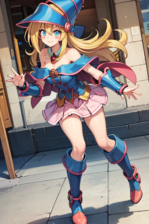 ((best quality)), ((highly detailed)), extremely detailed face, beautiful face, , (1girl), (solo), dutch_angle, dynamic pose, full body, very wide shot, DMG, blonde hair, blue eyes, blush stickers, smiling, wizard hat, off shoulder, capelet, skirt, gauntlets, boots, (inside, at a shopping mall)
