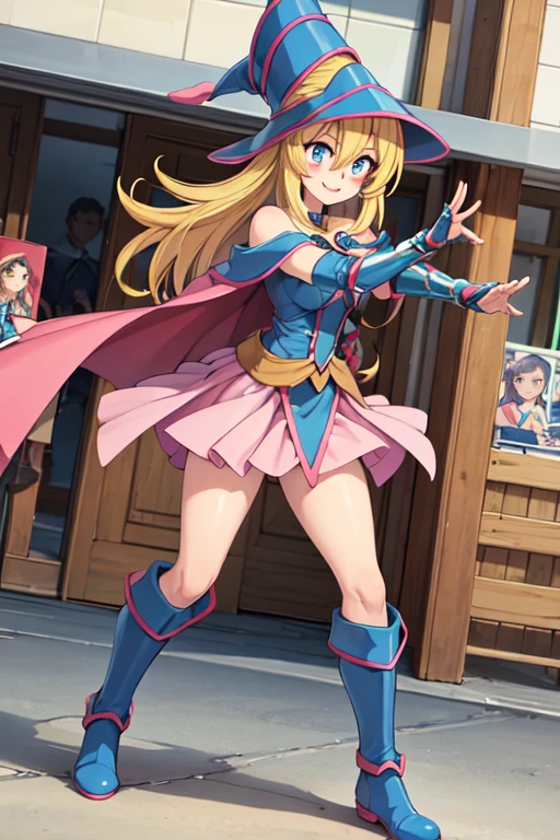 ((best quality)), ((highly detailed)), extremely detailed face, beautiful face, , (1girl), (solo), dutch_angle, dynamic pose, full body, very wide shot, DMG, blonde hair, blue eyes, blush stickers, smiling, wizard hat, off shoulder, capelet, skirt, gauntlets, boots, (inside, at a shopping mall)
