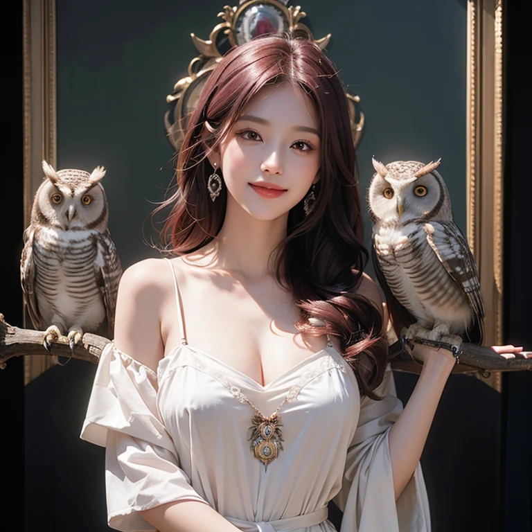 (Highest quality, masterpiece: 1,1), (busty with owl, dark eyes, bright smile, rose hair, illustration), painting, detailed, 8K