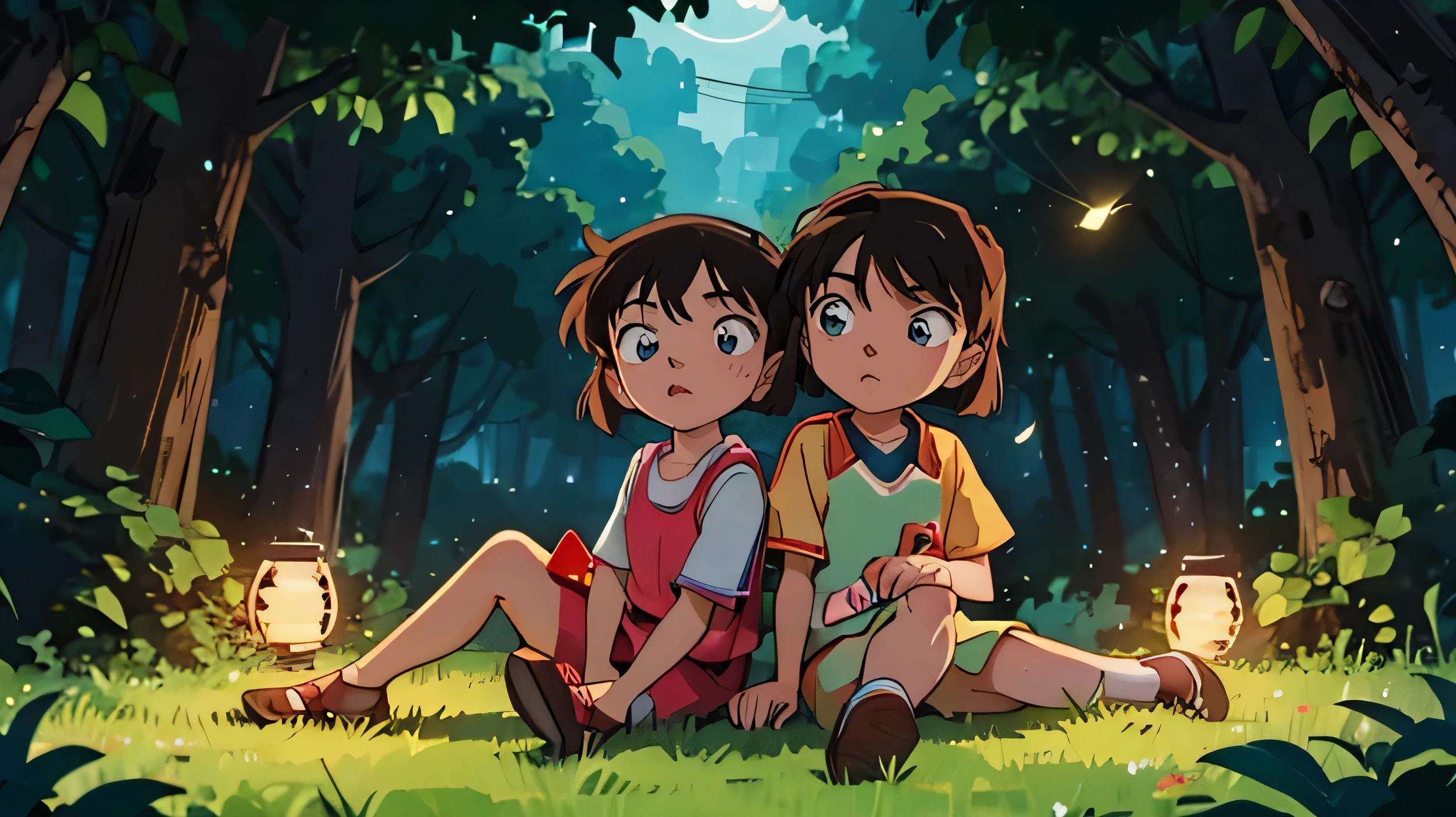 (highest quality:1.2, Realistic, Vibrant colors), Moderate:shape, Two girls chasing fireflies on a summer night,  Girls Enchanted by the Light of Fireflies