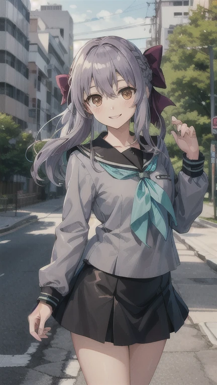 masterpiece, best quality, highres, aashinoa, hair bow, serafuku, sailor collar, green neckerchief, grey shirt, long sleeves, black skirt, standing, cowboy shot, smile, outdoors