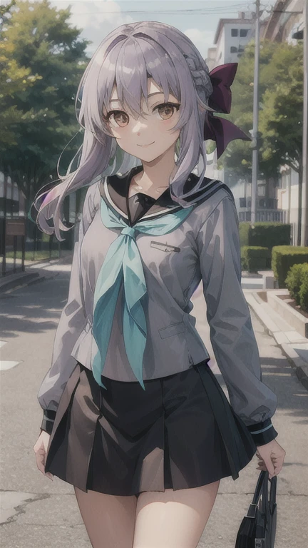 masterpiece, best quality, highres, aashinoa, hair bow, serafuku, sailor collar, green neckerchief, grey shirt, long sleeves, black skirt, standing, cowboy shot, smile, outdoors