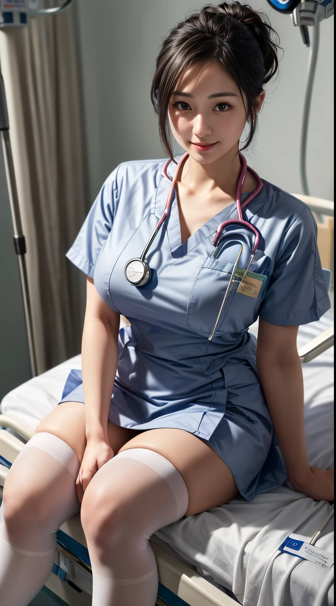 nsfw:0.3、(hospital:1.5)、Sit on the bed、Female nurse、Modern hairstyle、smile、Big Breasts、(Mature Woman)、(24-years-old)、((Ultra tight uniform))、(White Stockings)、Nurse shoes、Knee-length skirt、Name tag on chest、Stethoscope from the neck、(Black Hair)、highest quality、超A high resolution、(Realistic:1.85)、Beautiful Japanese Eyes、Super Beauty、Perfect Style、Perfect balance、Detailed skin、((Delicate photo))，(Detailed RAW photos of girls), (Tabletop:1.25), (highest quality:1.6), (超A high resolution:1.5), (Realisticです:1.75), 8K resolution, Canon EOS R5, 50mm, Absurd, Very detailed,Cinema Lighting、