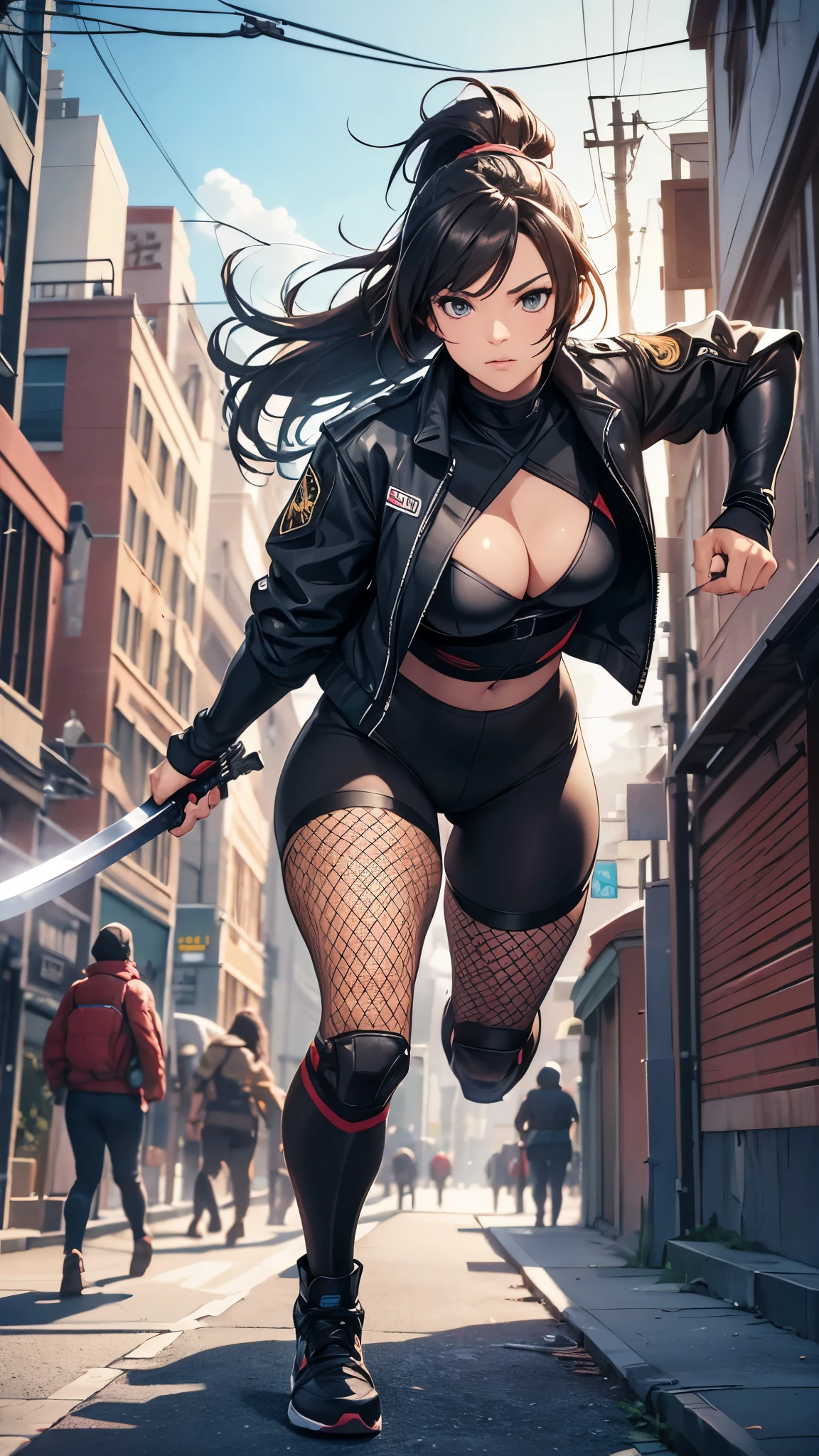 a woman with a brown ponytail hair, wearing a ninja jacket, bra top, leotard, spandex, fishnet pantyhose, and raced-up-long-boots, holding a katana and a long sword, running outside the buildings, (best quality,4k,8k,highres,masterpiece:1.2),ultra-detailed,(realistic,photorealistic,photo-realistic:1.37),cinematic lighting,dramatic composition,highly detailed facial features,cinematic pose,dynamic action scene,vibrant colors,intricate details