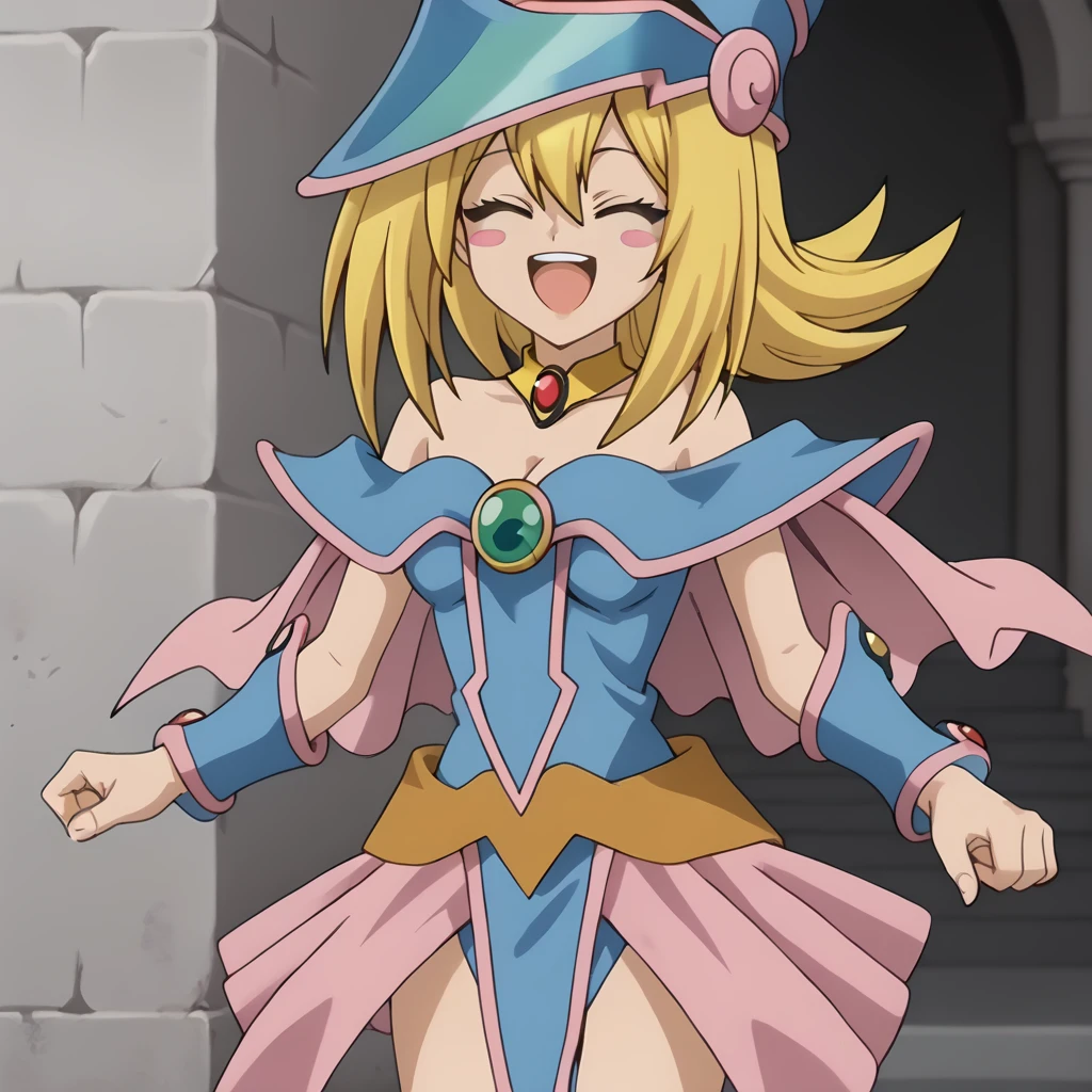 smile,open mouth,closed eyes,
solo,
DarkMagicianGirl,1girl,blonde hair,blush stickers,
wizard hat,
choker,
bare shoulders,cleavage,capelet,blue dress,see-through,
pink skirt,