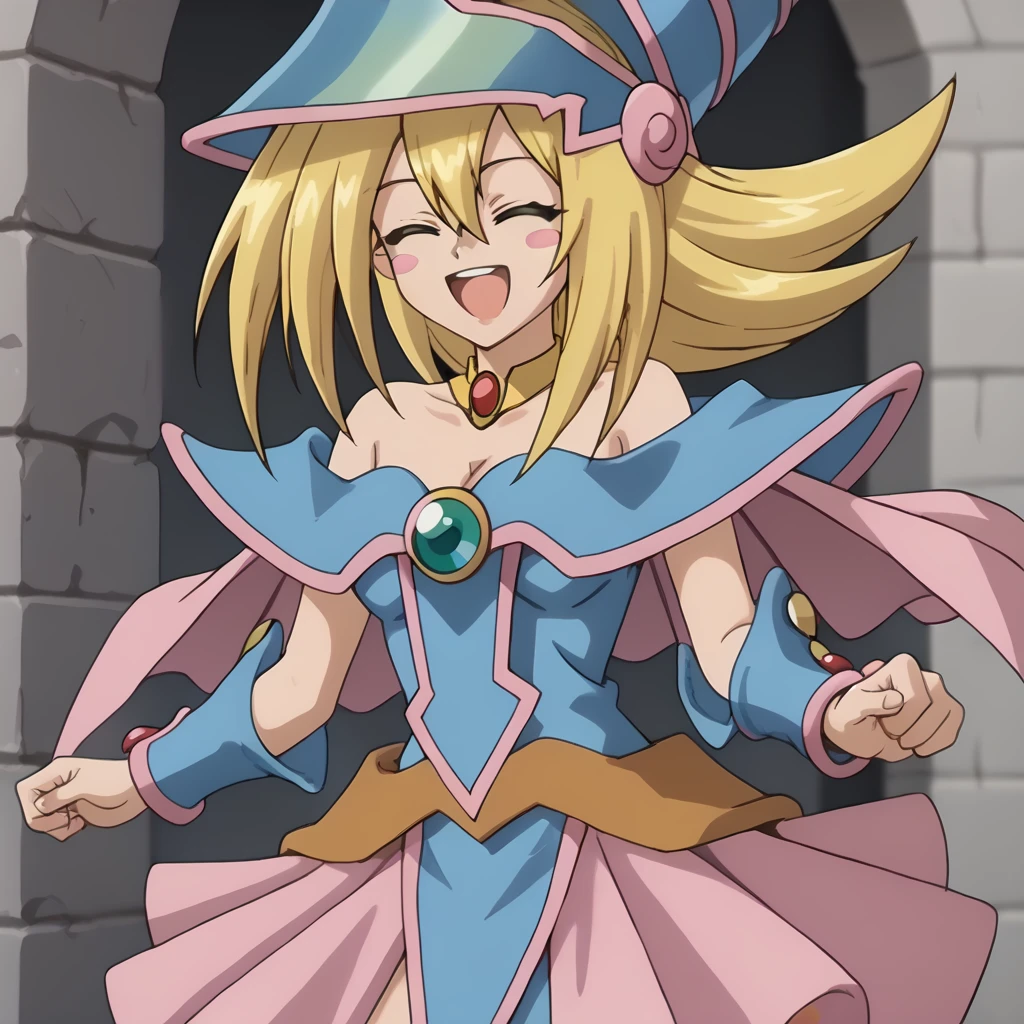 smile,open mouth,closed eyes,
solo,
DarkMagicianGirl,1girl,blonde hair,blush stickers,
wizard hat,
choker,
bare shoulders,cleavage,capelet,blue dress,see-through,
pink skirt,