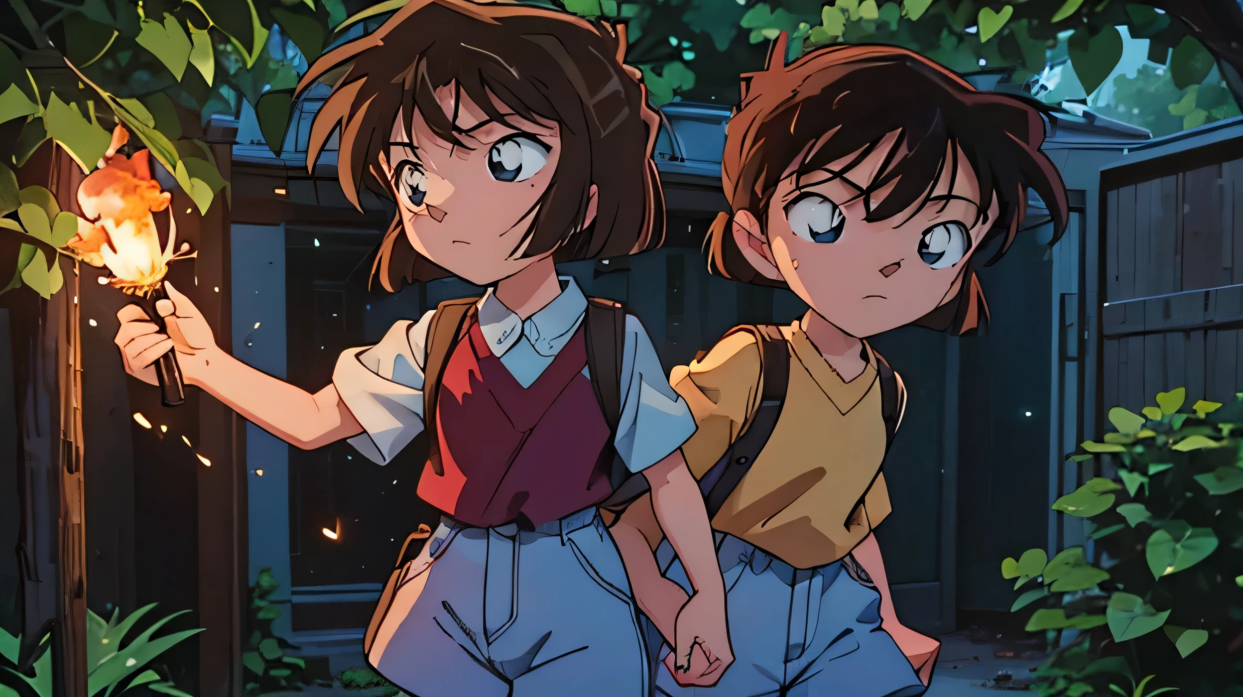 (highest quality:1.2, Realistic, Vibrant colors), Moderate:shape, Two girls chasing fireflies on a summer night,  Girls Enchanted by the Light of Fireflies